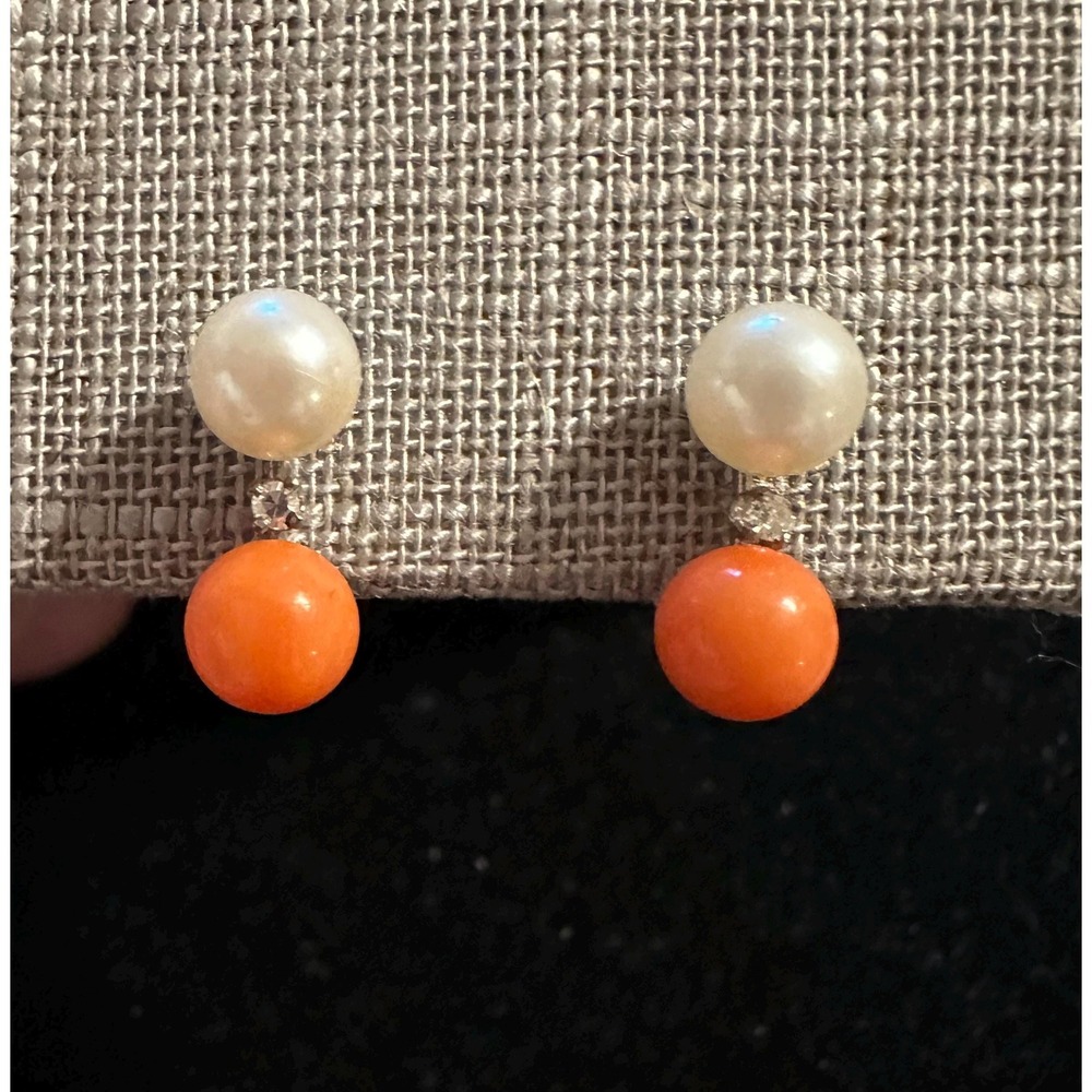 14k White Gold Pearl Diamond and Coral Screw Back Earrings